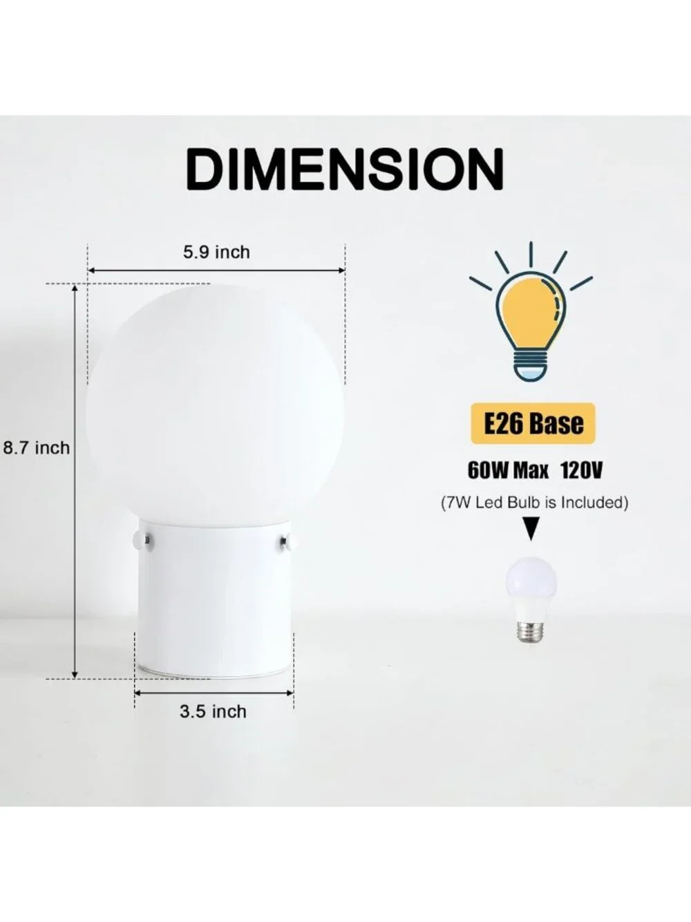 Modern White Table Lamp with Frosted Glass Shade, E26 Base, LED Bulb Included